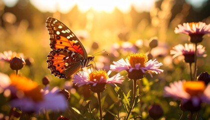 Vibrant Painted Lady Butterfly Poised on a Pink Aster in Golden Hour Glow