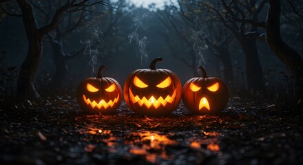 Spooky Jack-o'-Lanterns Glowing in Dark Forest at Halloween