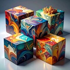 Abstract cubes with swirling patterns