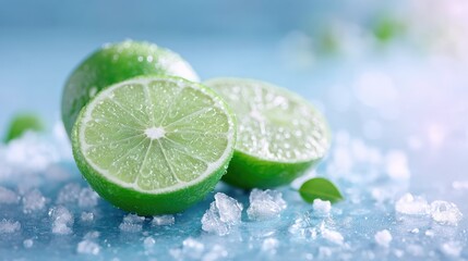 Fresh Green Limes on Ice with Light Blue Background Cinematic Macro Still Life