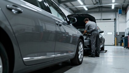 Auto mechanic inspecting engine under open hood in modern garage, symbolizing vehicle maintenance, repair, safety, reliability, and the essential role of automotive services in daily life.