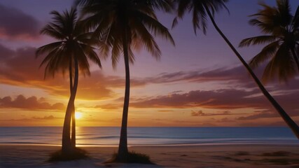 The sky is ablaze with colors, from deep oranges to purples, reflecting off the calm ocean waters. Palm trees sway gently in the breeze, framing the spectacular view. - Powered by Adobe
