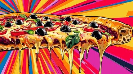Delicious pizza slice, dripping with melted cheese, vibrant colors