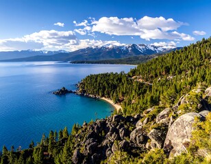 Obraz premium Scenic lake vista with mountains and trees
