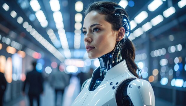 Lifelike Android with Exposed Mechanics Gazes into a Luminous Future