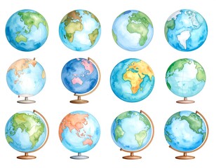 Watercolor globes set.  Various angles and stands
