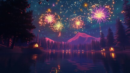 A scenic lakeside landscape at night with fireworks exploding in the starry sky above the mountains
