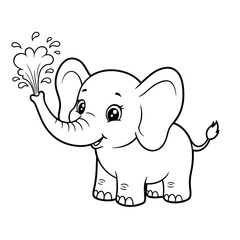 A playful baby elephant stands with a raised trunk spraying water in a joyful arc. Its big eyes, smiling face, and rounded feet give it a friendly, childlike charm.