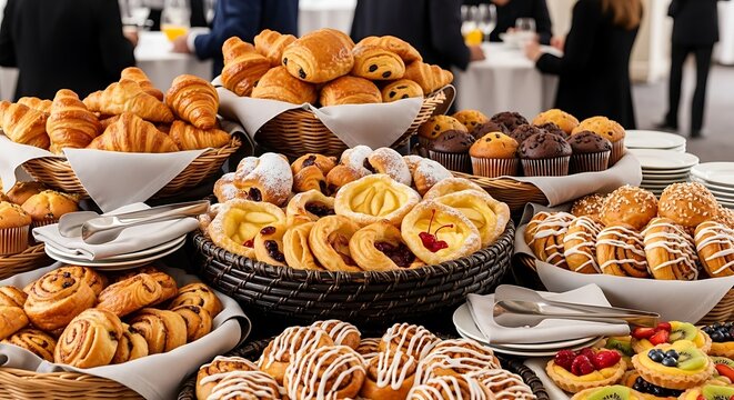 Abundant assortment of freshly baked goods at a catered event featuring pastries and desserts