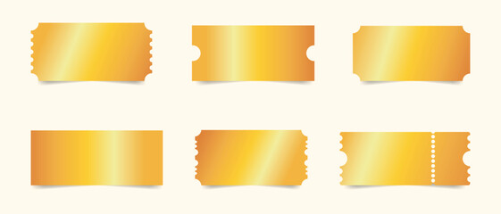 Set of golden tickets. Golden ticket template. Golden tickets for cinema, concert, casino, club, theater, festival, circus, film, movie. Vector illustration