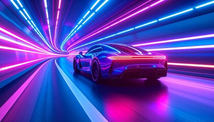 Futuristic Supercar Blurs Through a Swirling Tunnel of Magenta and Cyan Light.