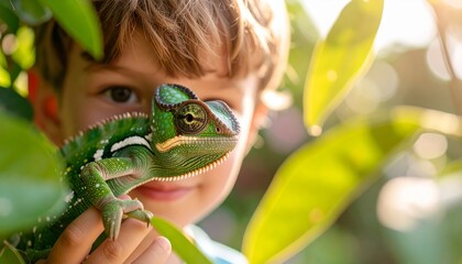 Intricate Green Chameleon in Sharp Focus Held by a Curious Young Boy