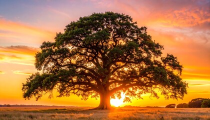 Majestic Oak Tree Backlit by a Fiery, Golden Sunset Glow