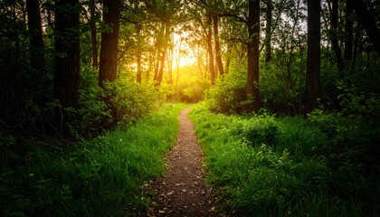 Lush Forest Path Winding Towards a Radiant, Golden Sunset Glow