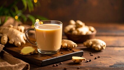 Rustic Still Life of Hot Ginger Tea with Fresh Roots and Warm Bokeh Background