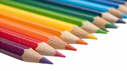 Group of colored pencils lined up in a row cut out on PNG. AI GENERATED.