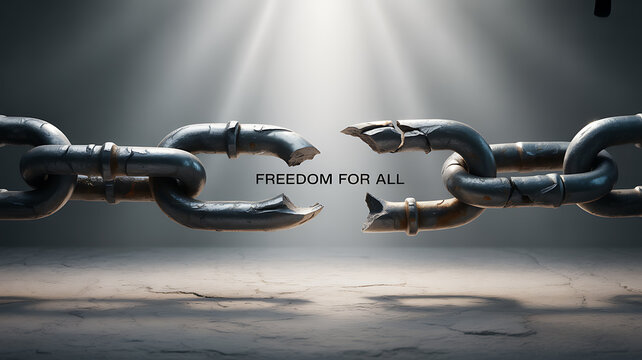 A broken chain with light shining through, symbolizing freedom and liberation.