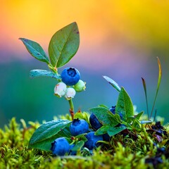 Close-up of blueberries on a branch, vibrant colors