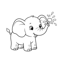 A happy baby elephant stands with its trunk raised, playfully spraying water. Its large ears, cheerful eyes, and splash effect create a fun and lively vibe.