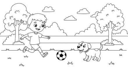 boy playing soccer ball with dog in the park simple cartoon Coloring Page for kids	