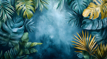 An elegant frame of green and gold tropical palm leaves against a dark blue abstract watercolor background with a moody, cinematic feel