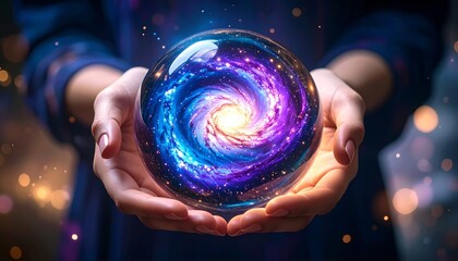 The Cosmos in Hand: A Swirling Galaxy Glows Within a Mystical Crystal Orb