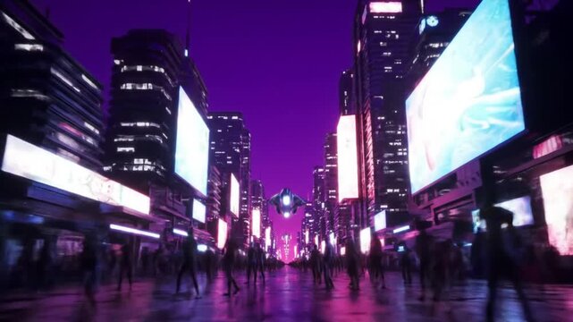 A bustling metropolitan street at night, where crowds wander through a futuristic cityscape illuminated by vibrant purple neon signs and giant screens