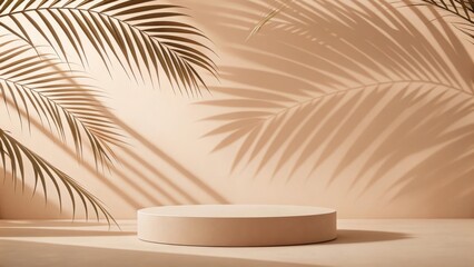 Fototapeta premium Minimalist beige podium with palm leaf shadows on a warm neutral background for product display