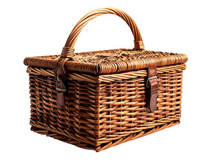 Rectangular woven wicker picnic basket with a handle