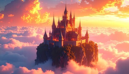 Luminous Fairytale Castle Floating on a Sea of Golden Sunset Clouds