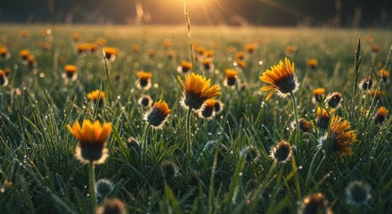 Field of yellow flowers at sunrise