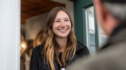 Smiling woman greeting someone at the door with long hair wearing a black coat warmly in a well-lit indoor environment inviting atmosphere.