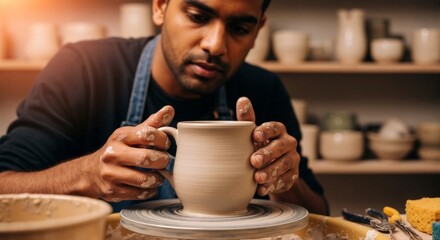 Man shaping clay pottery on wheel with focused expression indoors