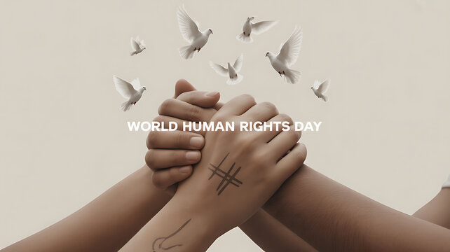 Hands clasped together with doves flying above, symbolizing unity and peace on World Human Rights Day
