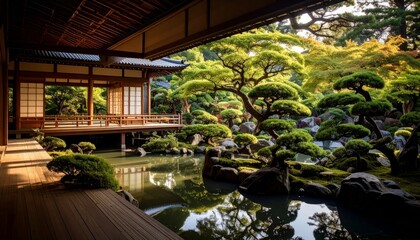 Golden Light on a Serene Japanese Pavilion and its Meticulously Sculpted Garden