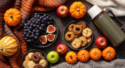 Autumn harvest display with cookies, fruits, and pumpkins on blanket  