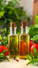 Two small glass bottles of oil, likely olive oil, with herbs and spices, amongst fresh produce and greenery