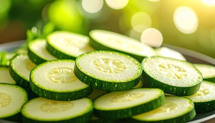 Vibrant Sliced Zucchini Bathed in Warm Sunlight with Lush Green Bokeh