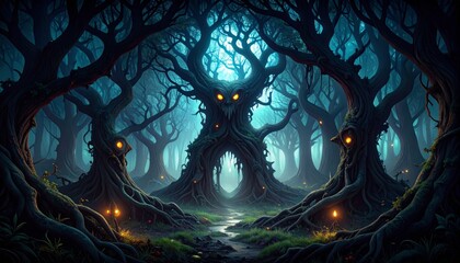 The Ancient Treant's Lair: A Spooky Forest of Gnarled, Glowing-Eyed Trees.