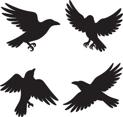big crow bird silhouette icons set side, front, back, and top views vector art illustration 