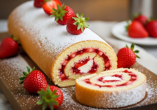 Delicious strawberry swiss roll cake with powder sugar garnish on wooden board