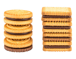 Two stacks of sandwich cookies, one light and one dark