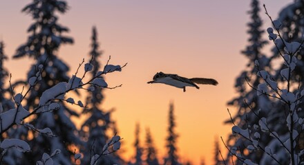 Flying squirrel at sunset in snowy forest