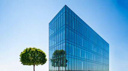 Obraz premium Modern glass office building with a tree against a clear blue sky backdrop