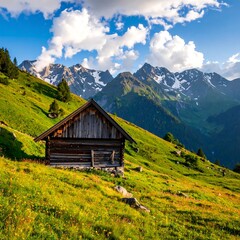 Obraz premium Alpine chalet nestled in a grassy hillside, mountains in the background. Sunny day