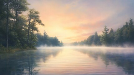 Fototapeta premium Picturesque sunrise paints sky with soft colors with mist hanging low over tranquil lake for serene peaceful dreamlike atmosphere calm reflective scenic natural landscape concept