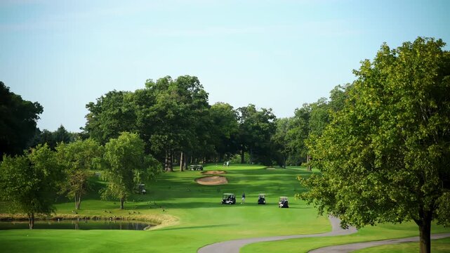 Players on the golf course. Golf car. Active pastime. Type of sport for rich people