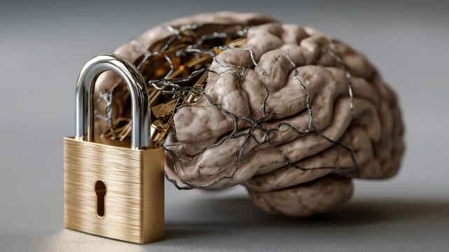 A brain with a lock on it. The lock is gold and has a keyhole. The brain is also covered in wires. Closeup conceptual AI brain cracked open with locked padlock inside, symbolic governance ethics theme