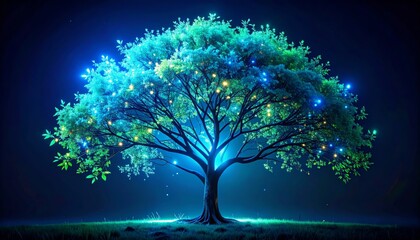 Majestic Tree of Life Glowing with Ethereal Blue Light and Golden Fairy Lights