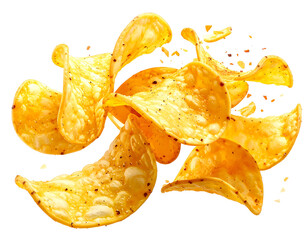 Golden, seasoned tortilla chips in mid-air